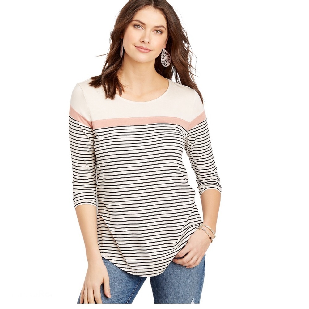 DESIGN LAB Lord & Taylor Striped Block Colour Top W 3/4 Sleeves Ivory/Pink Small